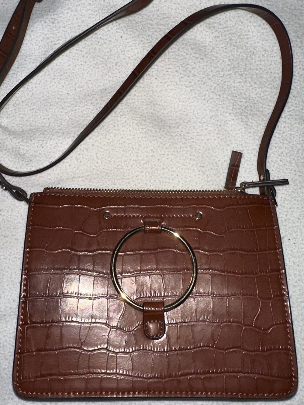 Mango Brown Croc-Embossed Leather Crossbody Bag with Gold Ring